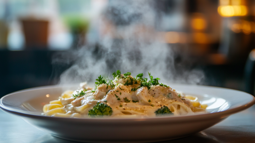 A plated serving of creamy Chicken and Broccoli Fettuccine Alfredo garnished with parsley.