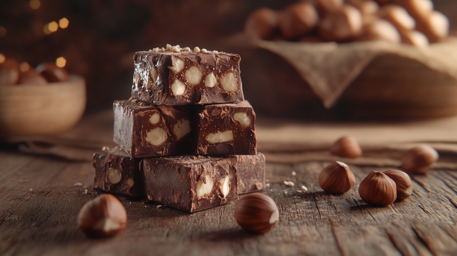 A close-up of hazelnut chocolate pieces with whole hazelnuts on a wooden table.