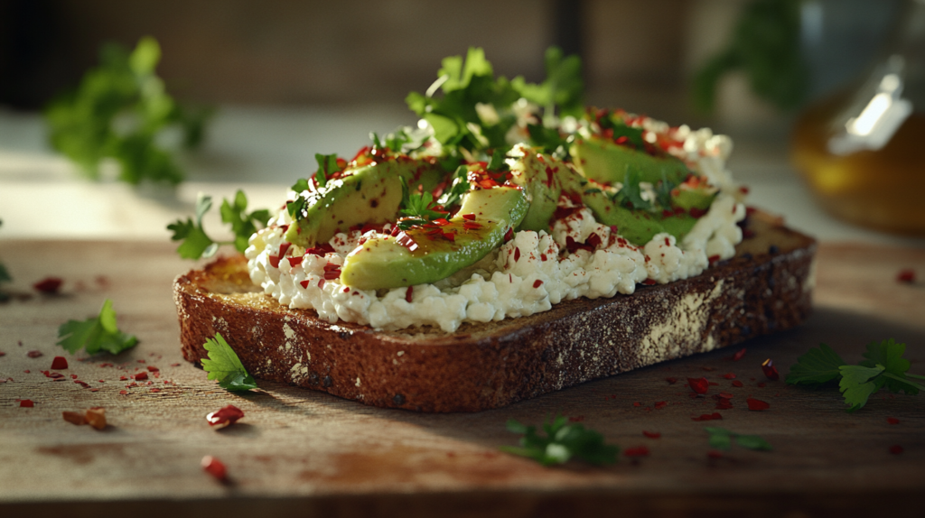 Avocado toast with cottage cheese garnished with fresh herbs and spices