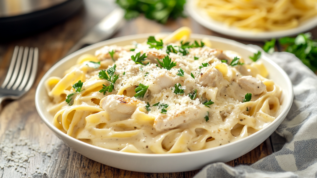 A bowl of creamy chicken fettuccine Alfredo garnished with parsley.