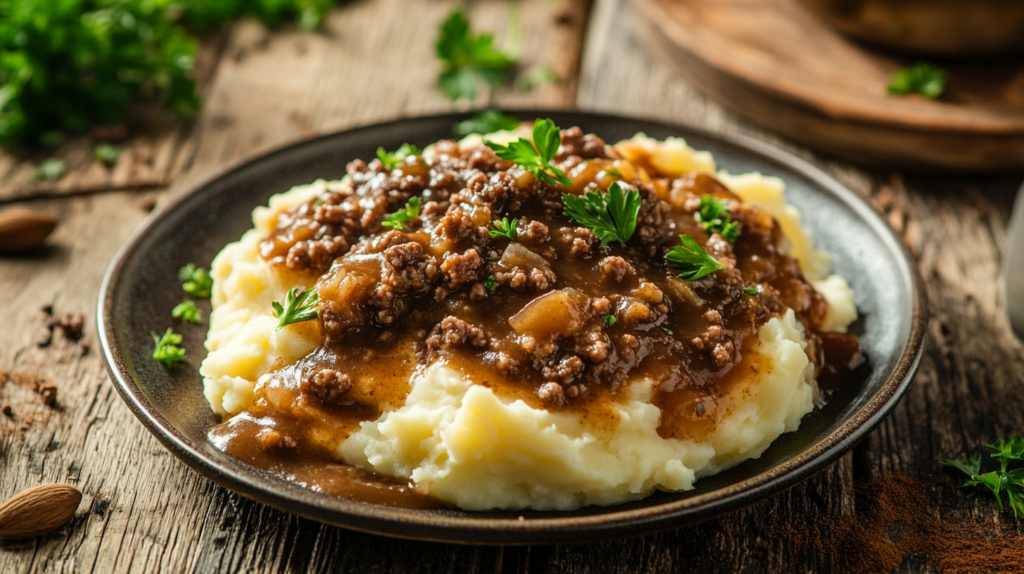 A comforting plate of ground beef and mashed potatoes with gravy.