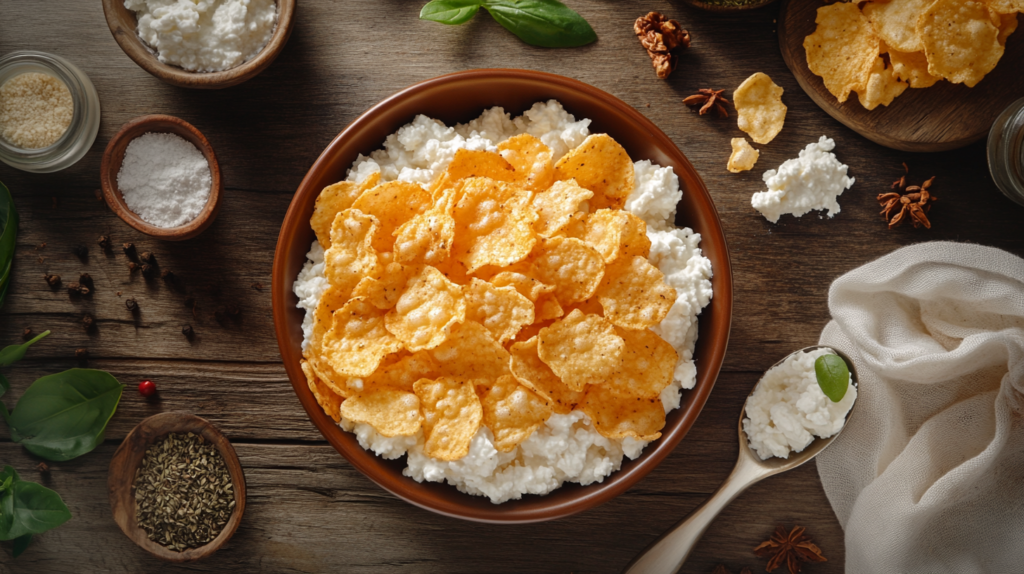 Bowl of crispy cottage cheese chips with ingredients in the background.