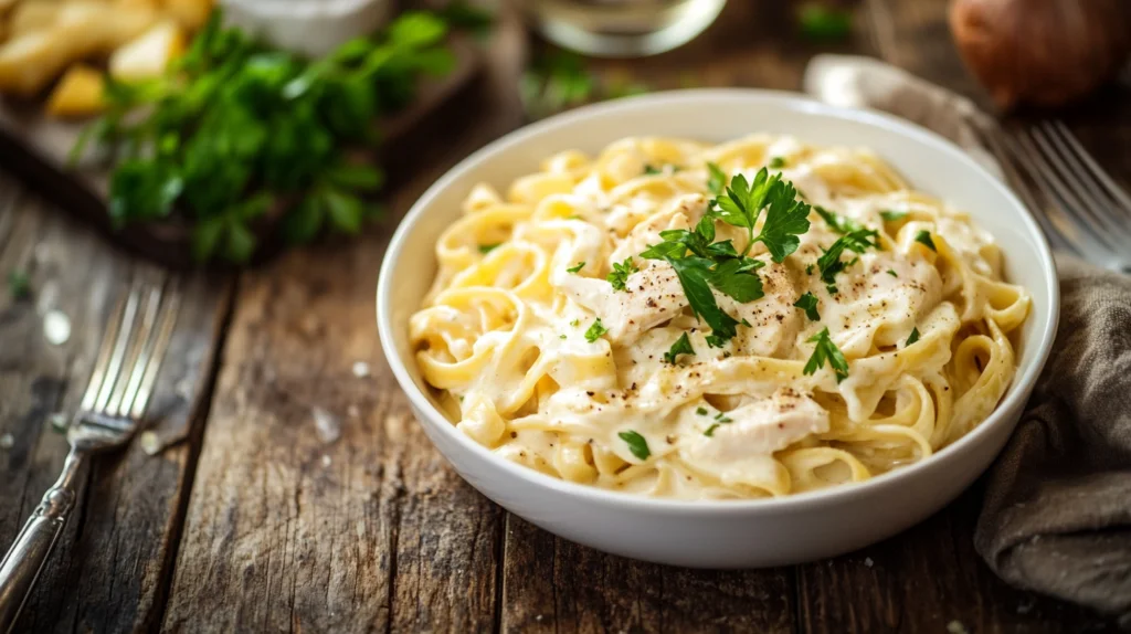 A bowl of creamy chicken fettuccine Alfredo with parsley garnish on a rustic table.