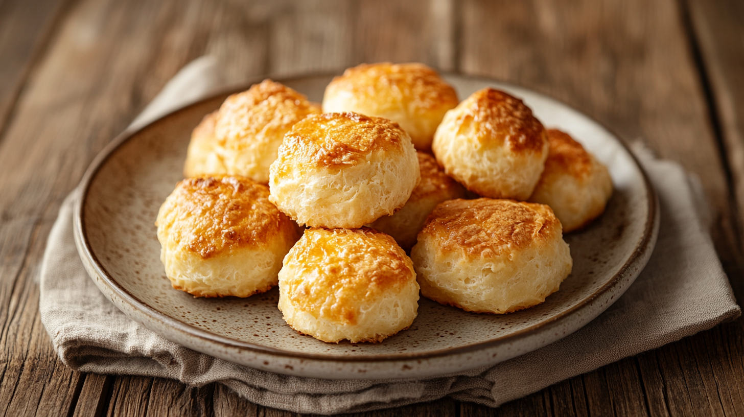 A plate of freshly baked no yeast rolls on a rustic wooden table.