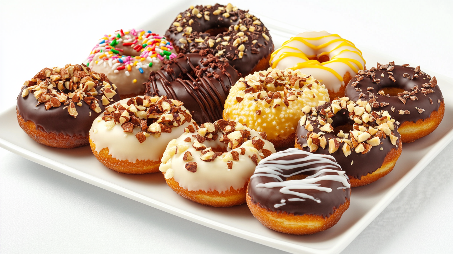 A variety of protein donuts on a plate with colorful toppings.