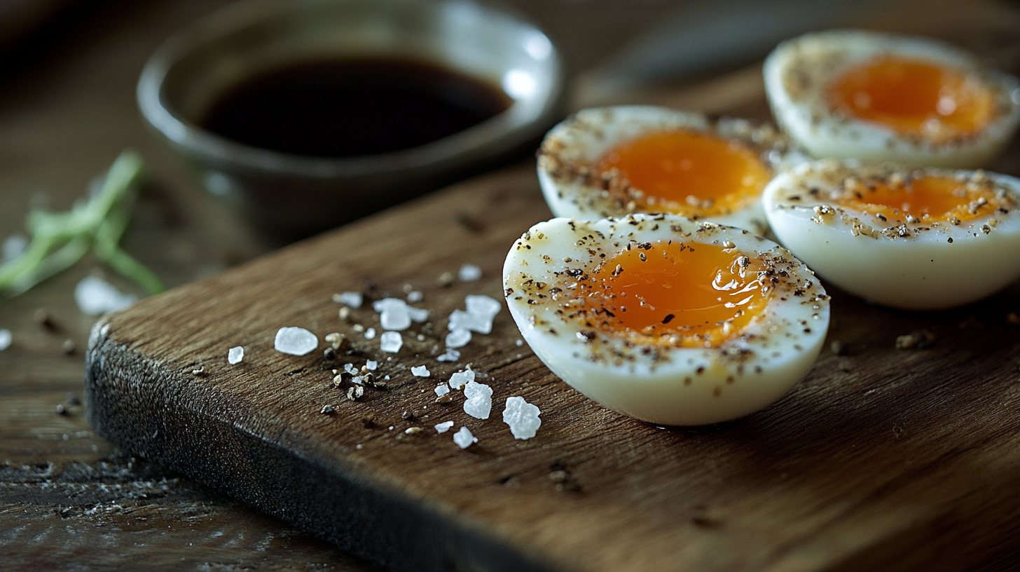 A close-up of perfectly sliced jammy eggs with creamy yolks on a rustic wooden board.