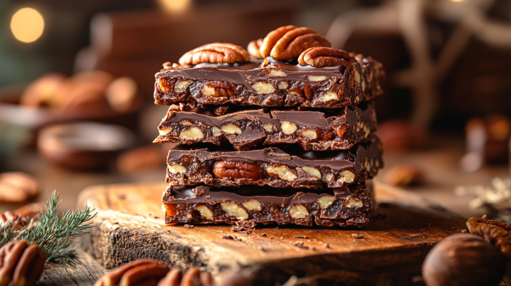A close-up of pecan pie bark pieces with layers of chocolate, caramel, and pecans