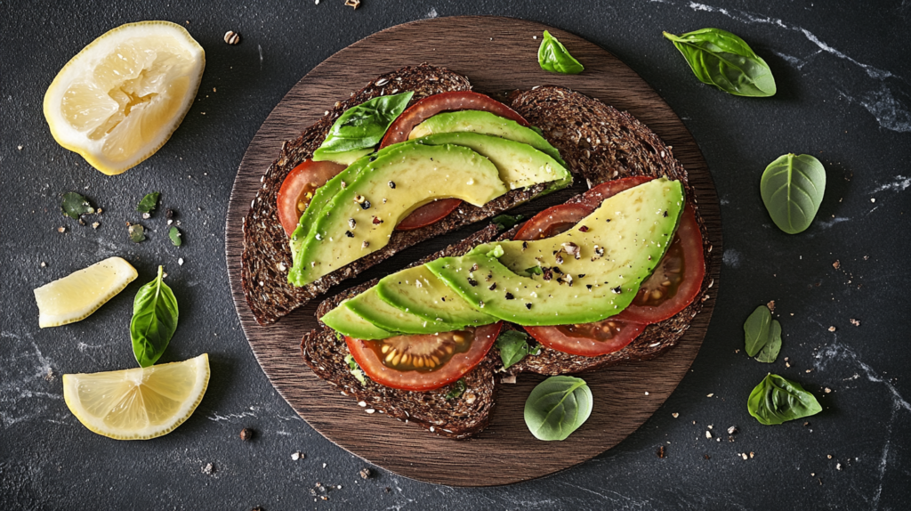 Fresh avocado toast with tomato slices on a wooden plate