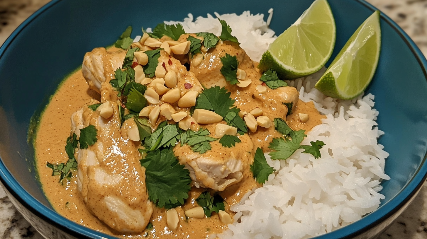 A bowl of chicken with peanut butter sauce served with rice and garnished with cilantro and peanuts.
