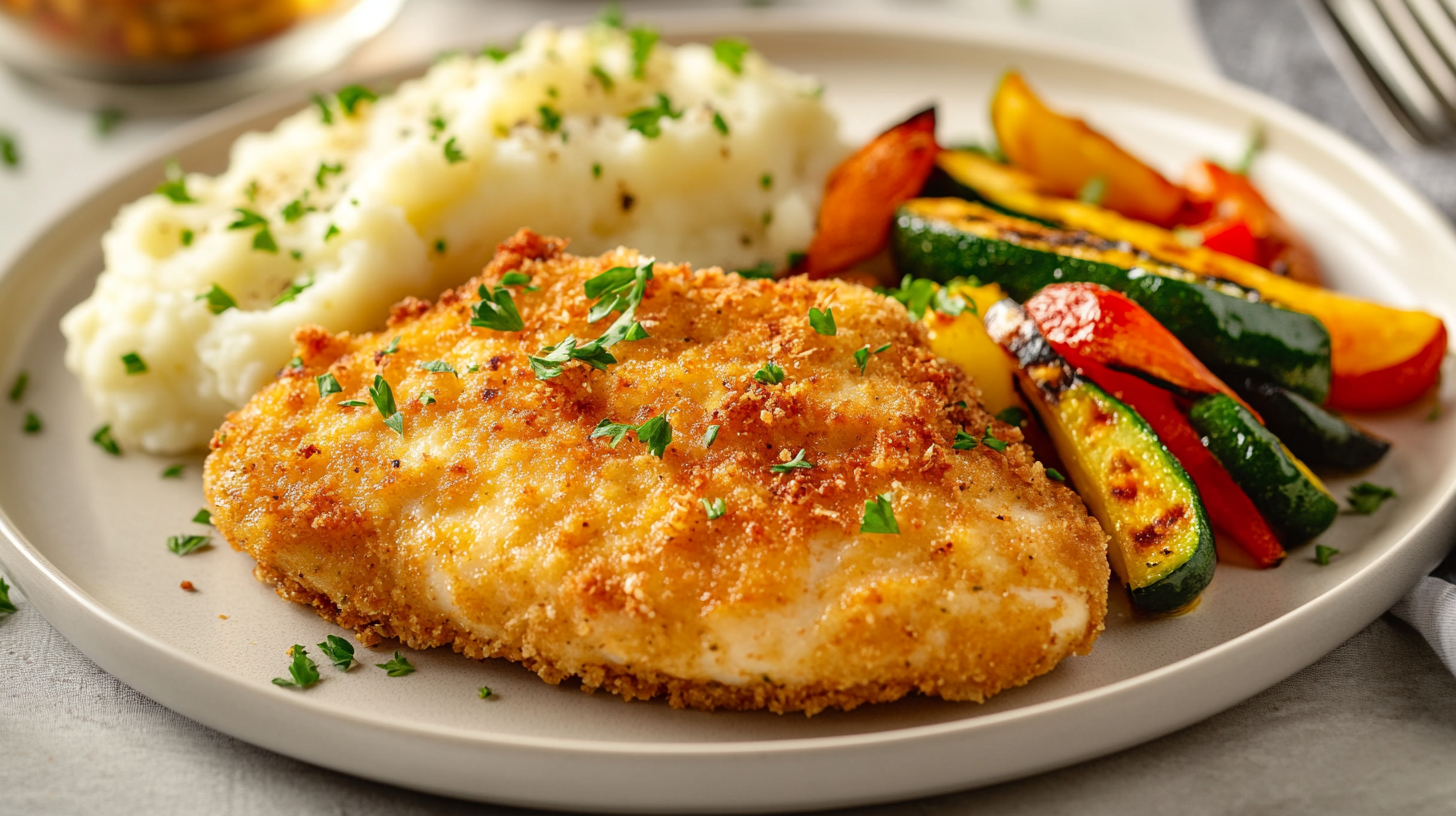 Parmesan crusted chicken on a plate with sides.