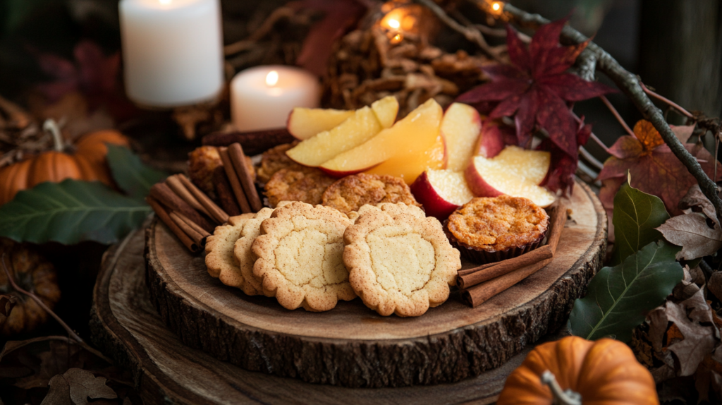 A fall dessert platter featuring pumpkin pie cookies, mini tarts, and fresh fruit