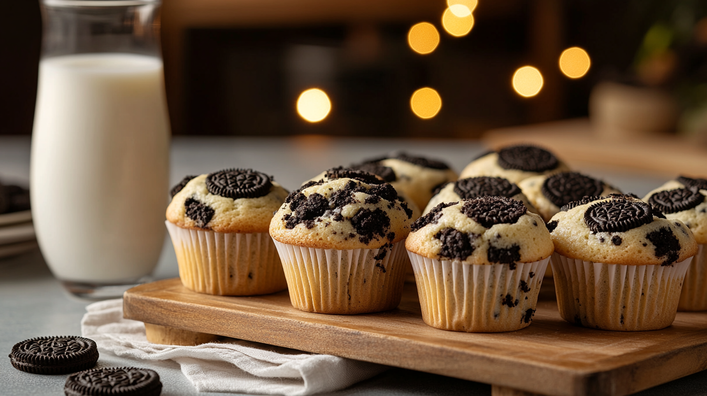 A batch of freshly baked Oreo muffins on a wooden tray with a glass of milk.