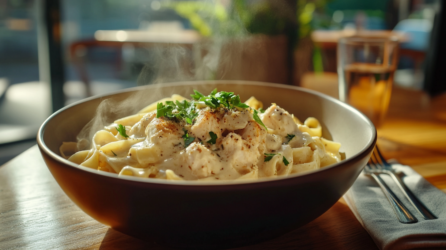 Creamy Instant Pot chicken fettuccine Alfredo on a white plate.