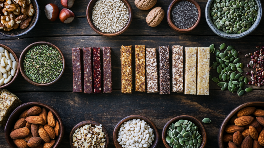 A variety of dairy-free protein bars arranged on a rustic wooden table.