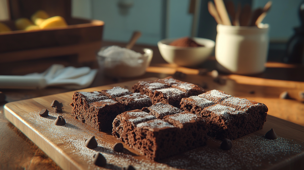 Freshly baked cottage cheese brownies on a wooden countertop with key ingredients like cocoa powder and cottage cheese in the background.