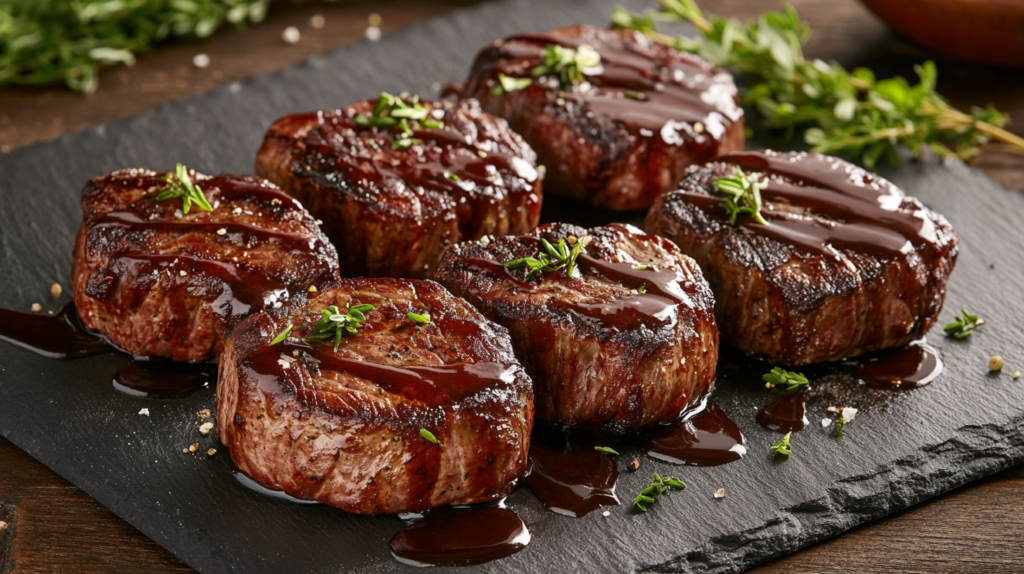 Elegant plating of beef medallions with sauce and garnish.