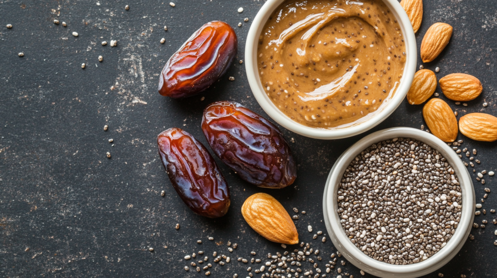 Close-up of ingredients like hemp seeds, chia seeds, dates, and almond butter.