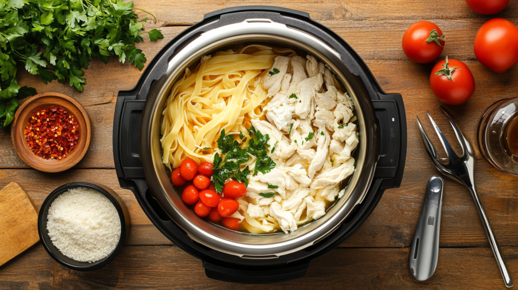 Chicken, pasta, and cream cheese layered in an Instant Pot.