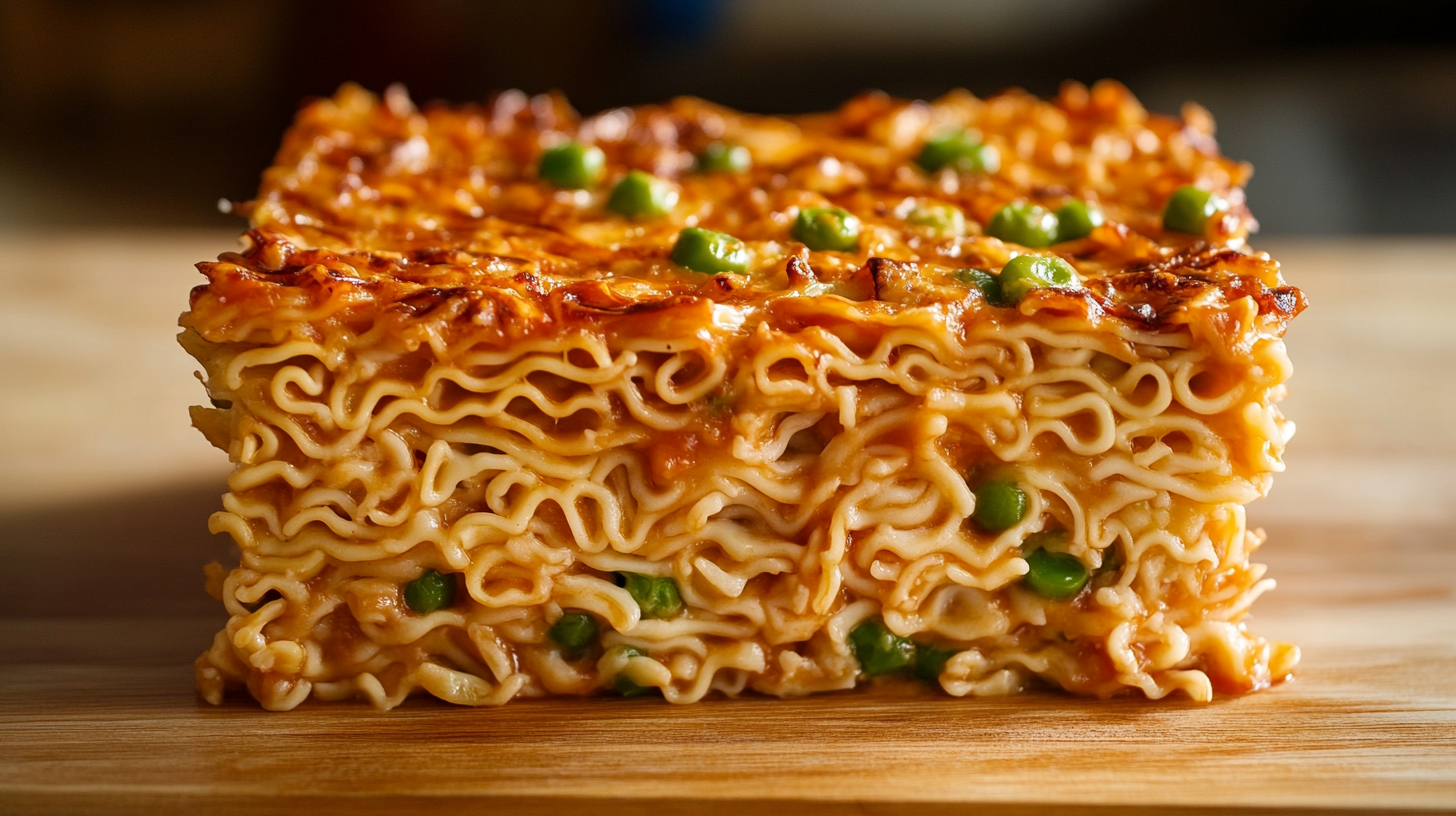 A freshly baked ramen lasagna in a baking dish with golden, bubbly cheese on top.