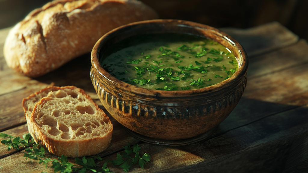 Bowl of swamp soup with vibrant greens
