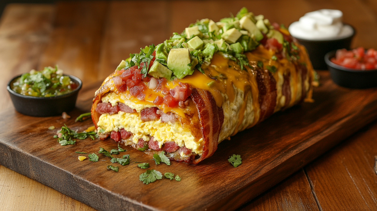 A sliced bacon burrito deluxe with crispy bacon, eggs, cheese, and avocado.