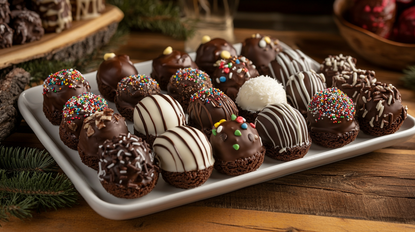 A variety of decorated brownie cake pops on a platter.