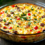 Creamy breakfast casserole with cream cheese in a glass dish.