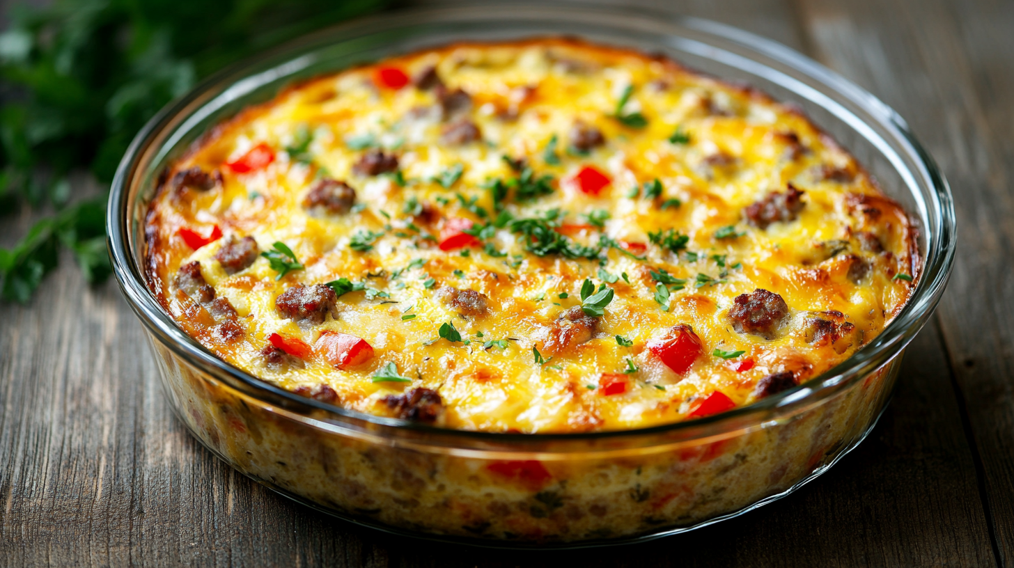 Creamy breakfast casserole with cream cheese in a glass dish.