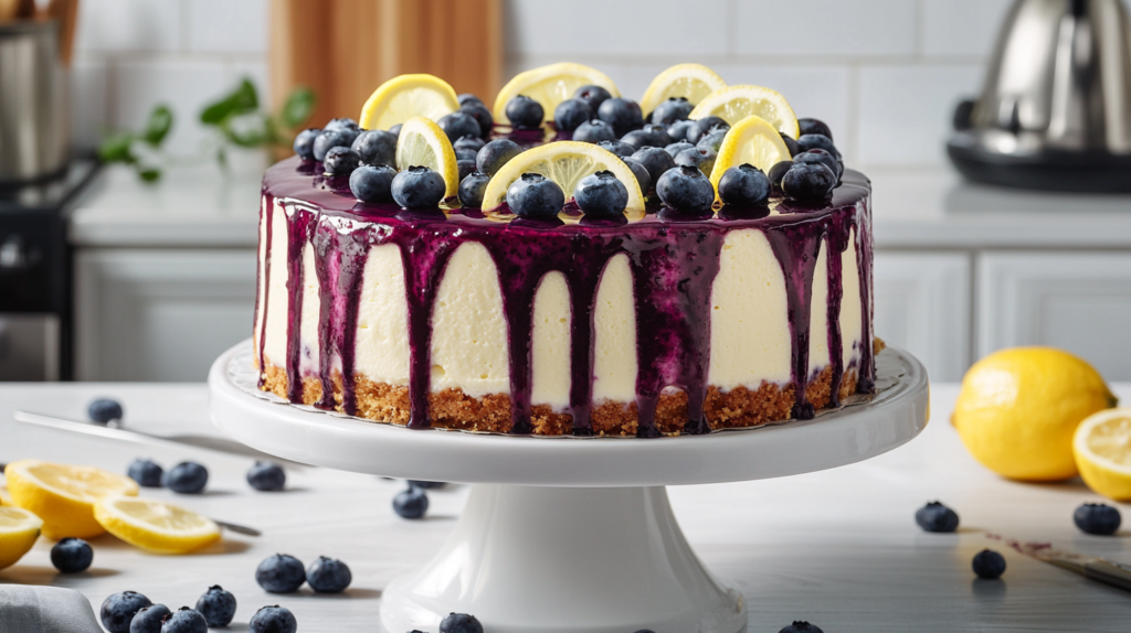 A stunning Lemon Blueberry Cheesecake Cake garnished with fresh blueberries and lemon slices.