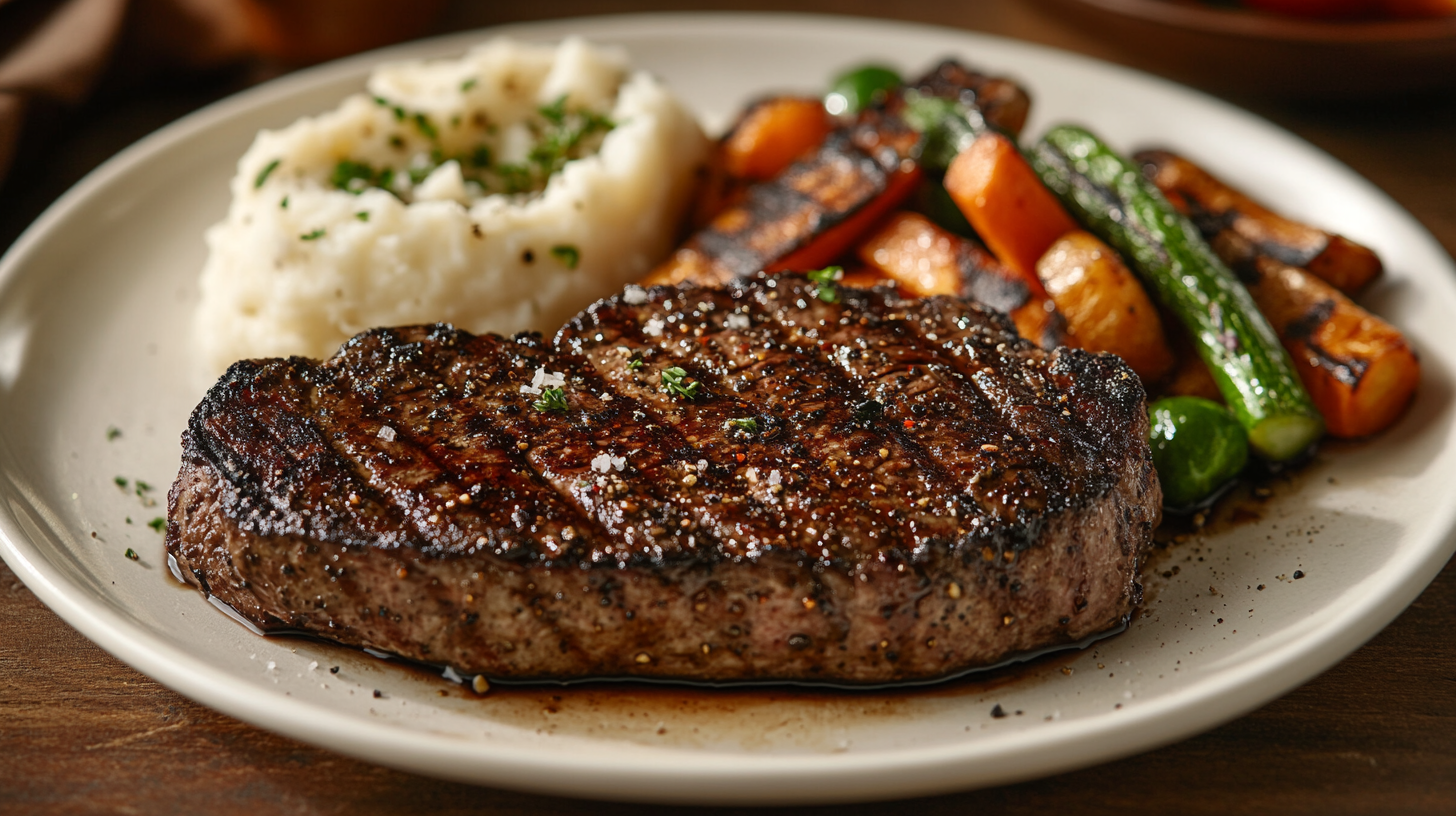 Black Diamond Steak served with grilled vegetables and mashed potatoes.