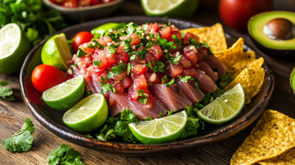 A colorful bowl of Mexican Tuna Salad surrounded by fresh ingredients.