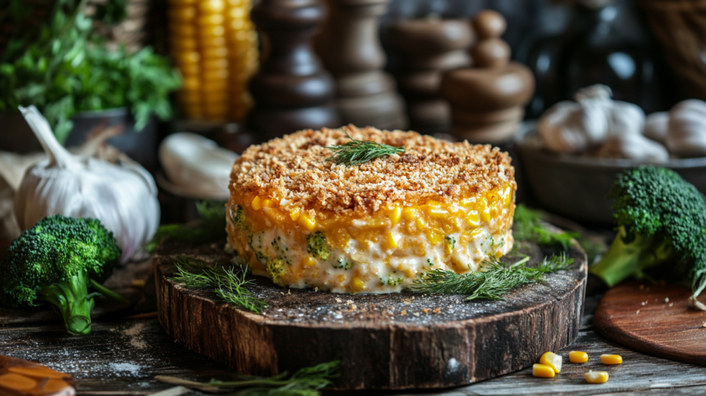 A broccoli corn casserole topped with golden breadcrumbs and melted cheese, served in a rustic dish.