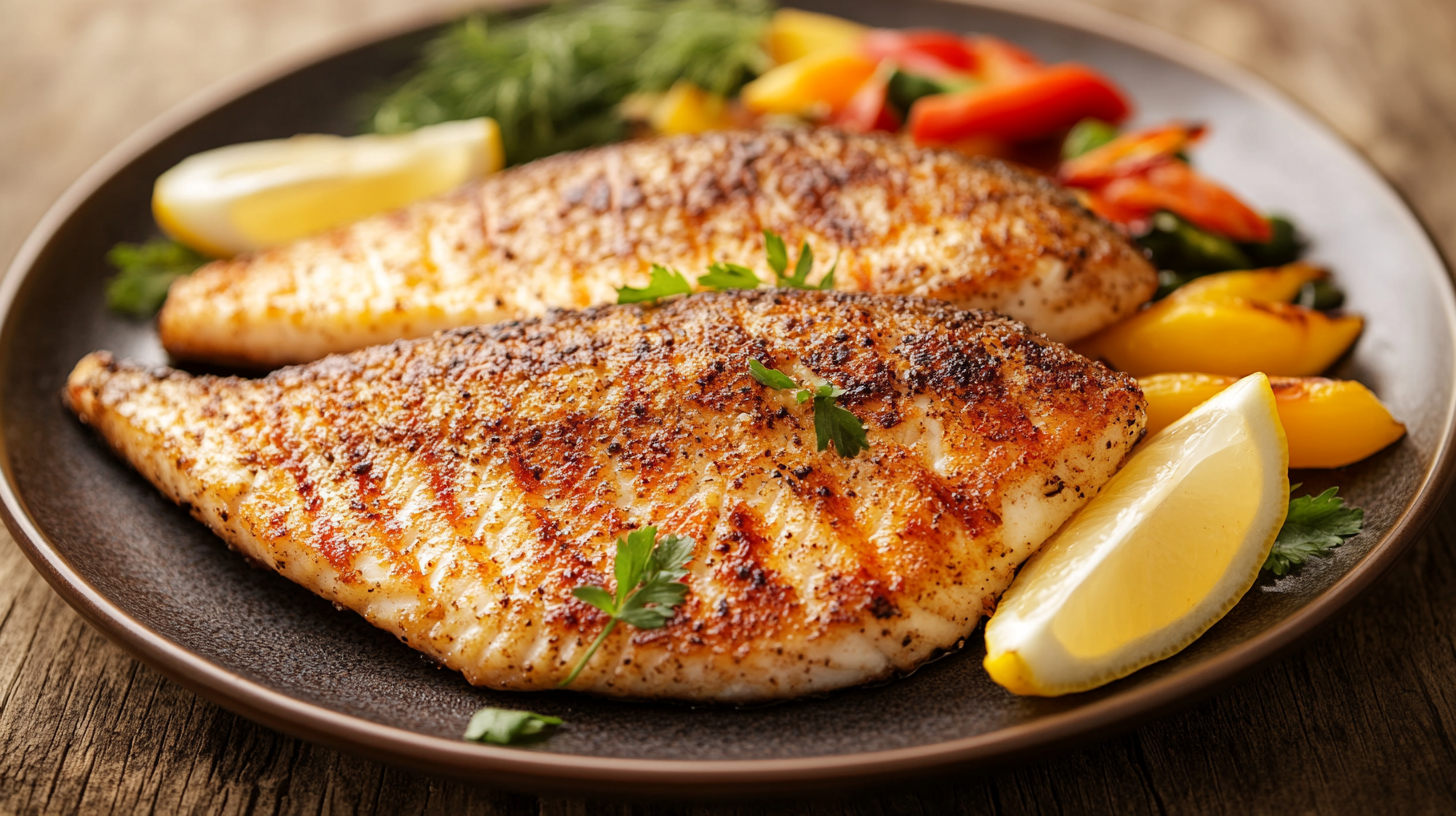 Grilled catfish steaks with lemon and vegetables.