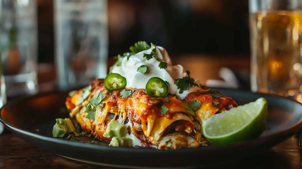 Plated enchiladas with garnishes.