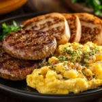 Homemade breakfast with sausage patties and eggs.