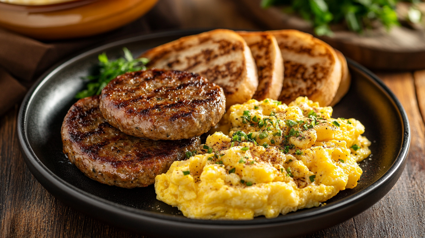 Homemade breakfast with sausage patties and eggs.