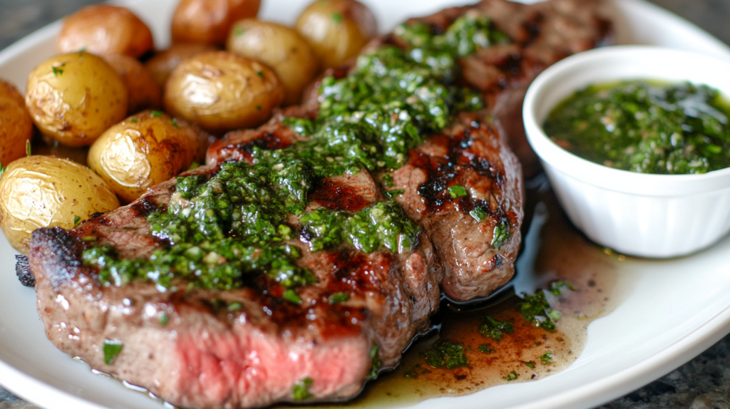 Plated smoked sirloin steak with chimichurri.