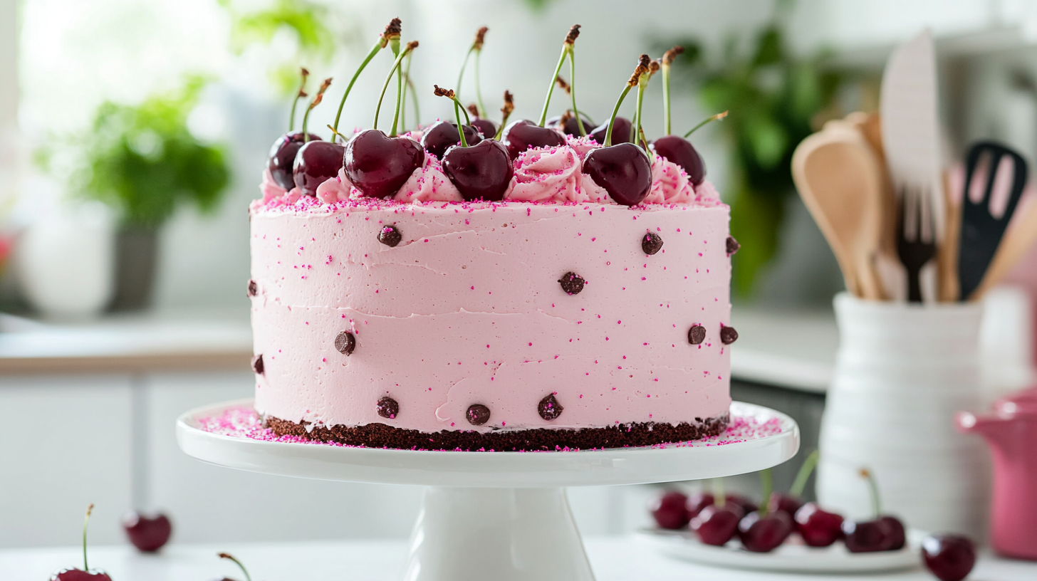 Cherry chip cake with pink frosting and fresh cherries on a cake stand.