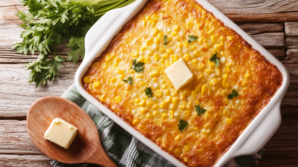 Golden-brown corn casserole in a white dish with rustic kitchen decor.