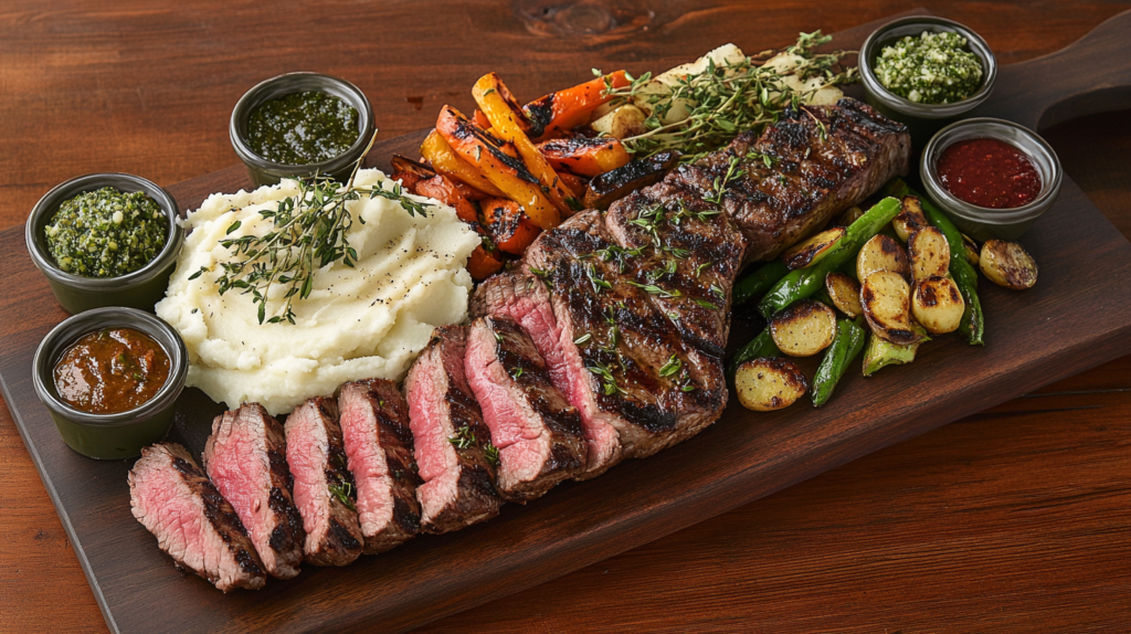 A gourmet steak platter with sides and sauces.