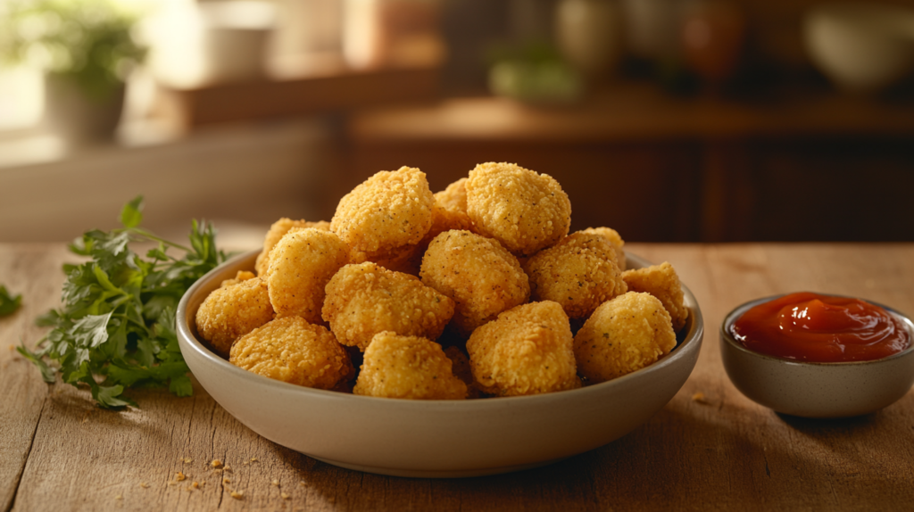 Organic chicken nuggets served with ketchup and fresh herbs in a rustic setting.