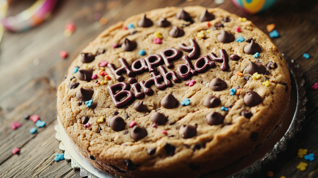Chocolate chip cookie cake with frosting and sprinkles.