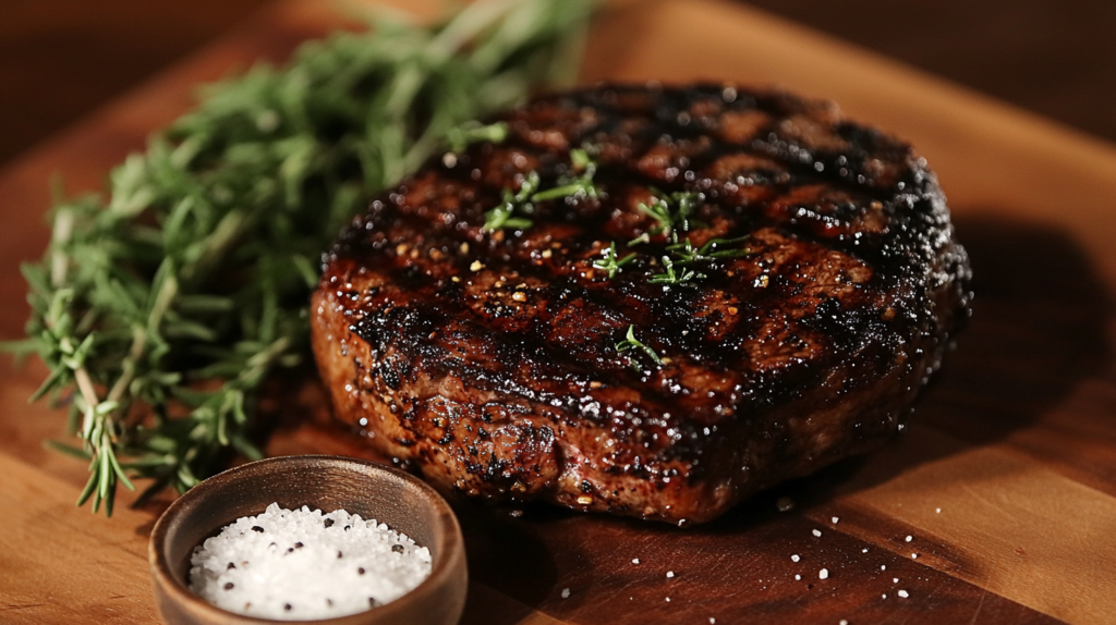 Perfectly grilled shoulder steak on a cutting board with herbs and spices.