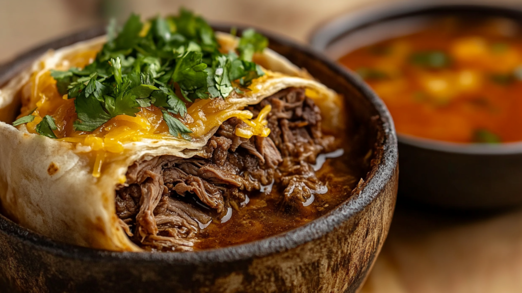 A birria burrito with beef, cheese, and consommé.