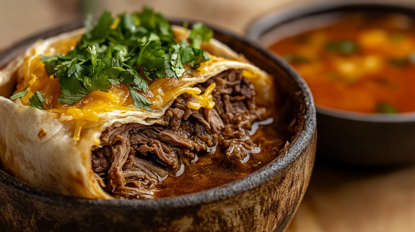 A birria burrito with beef, cheese, and consommé.