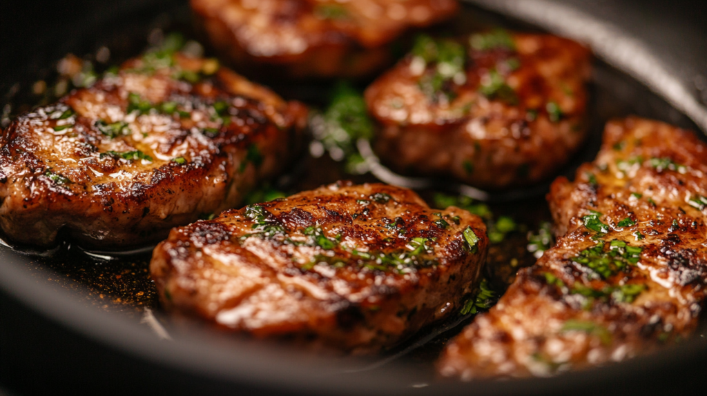 Pan-seared catfish steaks in a skillet.