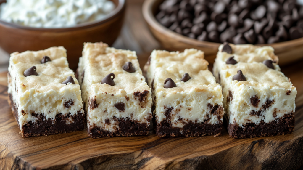 Freshly baked cottage cheese brownies on a wooden board with cottage cheese and chocolate chips in the background.