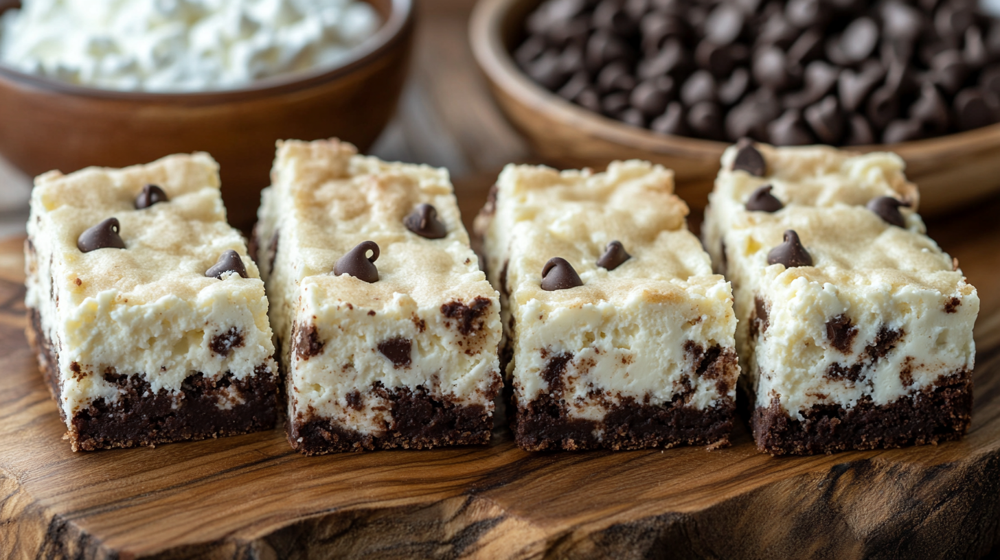 Freshly baked cottage cheese brownies on a wooden board with cottage cheese and chocolate chips in the background.