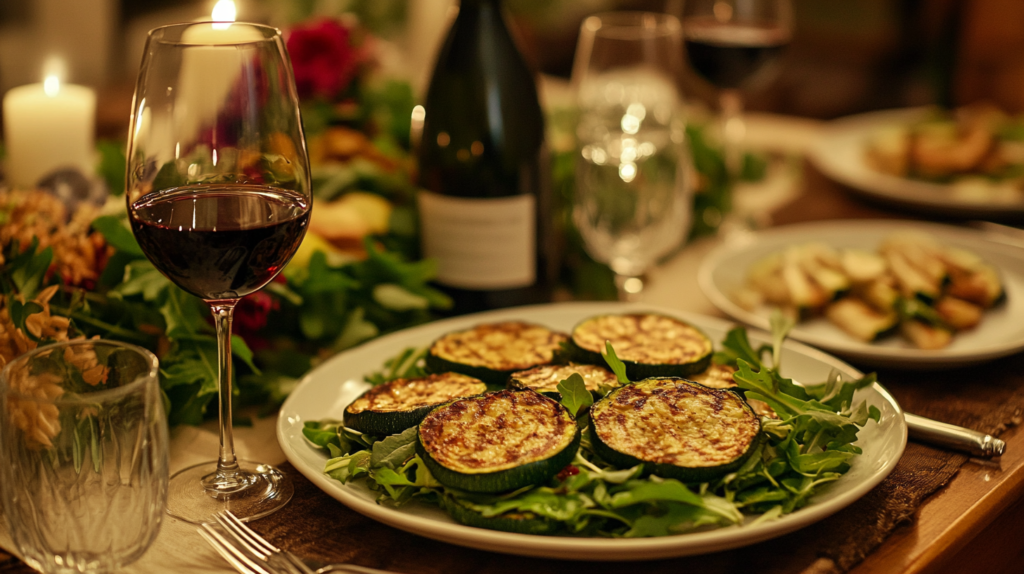 Zucchini steaks served with salad on a dining table