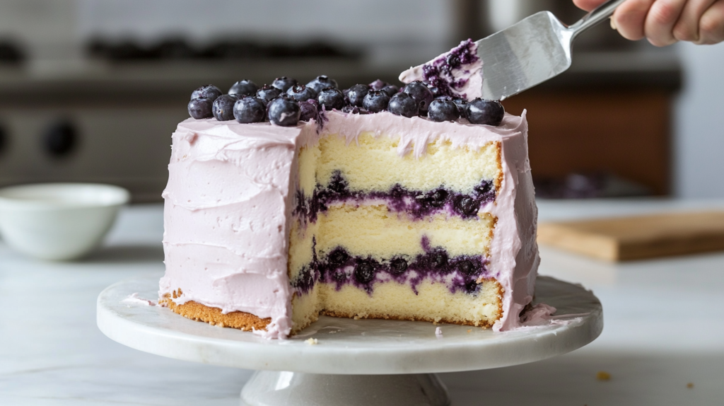 A partially assembled Lemon Blueberry Cheesecake Cake being frosted